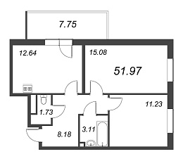 Новоорловский, III кв. 2021, 2 комнаты, 51.97 м2