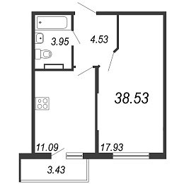 Новое Сертолово, IV кв. 2021, 1 комната, 38.53 м2