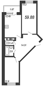 Новое Горелово, IV кв. 2020, 2 комнаты, 59.88 м2