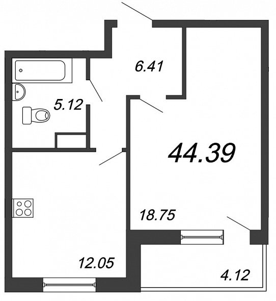Охта Хаус, I кв. 2021, 1 комната, 44.39 м2