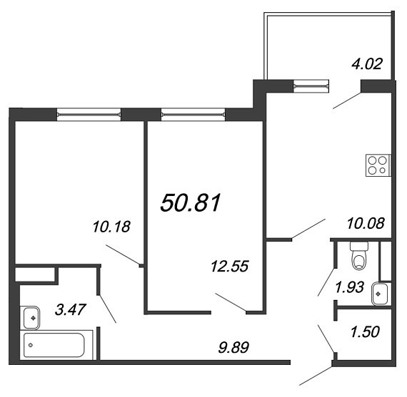 Юттери, III кв. 2021, 2 комнаты, 50.81 м2