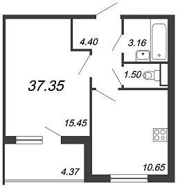 Юттери, III кв. 2021, 1 комната, 37.35 м2