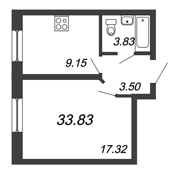 Приневский, IV кв. 2021, 1 комната, 33.83 м2
