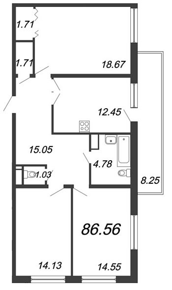 Новый Лесснер, IV кв. 2021, 3 комнаты, 86.56 м2