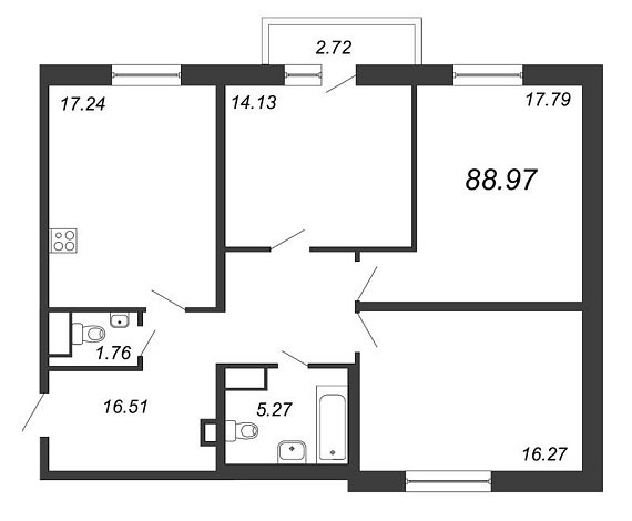 Приморский квартал, III кв. 2022, 3 комнаты, 88.97 м2