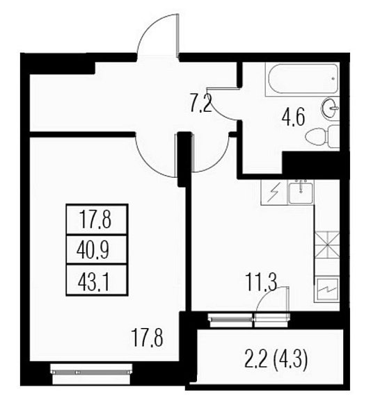 Жемчужный Каскад, IV кв. 2021, 1 комната, 43.10 м2