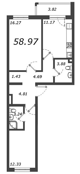 Новое Горелово, III кв. 2021, 2 комнаты, 58.97 м2