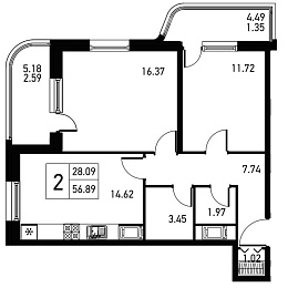 Дом на Львовской, II кв. 2021, 2 комнаты, 60.83 м2