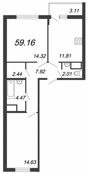 Материк, III кв. 2021, 2 комнаты, 59.16 м2