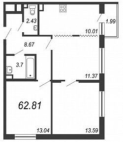 Inkeri, III кв. 2021, 3 комнаты, 62.81 м2