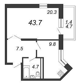 Жемчужный Каскад, IV кв. 2020, 1 комната, 43.70 м2