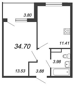 Юттери, III кв. 2021, 1 комната, 34.70 м2