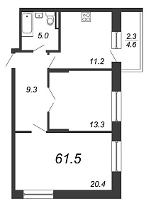Жемчужный Каскад, IV кв. 2021, 2 комнаты, 61.50 м2