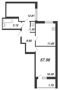 Ювента, II кв. 2021, 2 комнаты, 57.96 м2