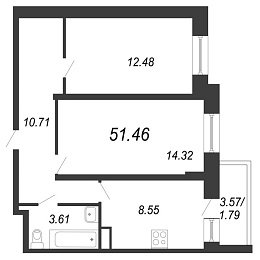 Чистый ручей, IV кв. 2021, 2 комнаты, 51.46 м2