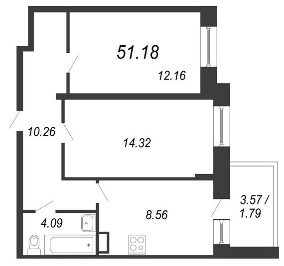 Чистый ручей, IV кв. 2021, 2 комнаты, 51.18 м2