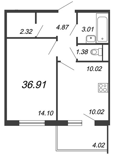 Юттери, III кв. 2021, 1 комната, 36.91 м2