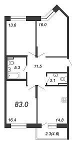 Жемчужный Каскад, IV кв. 2021, 3 комнаты, 83.00 м2