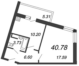 Материк, III кв. 2021, 1 комната, 40.78 м2