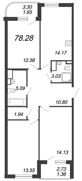 Энфилд, IV кв. 2020, 3 комнаты, 78.28 м2