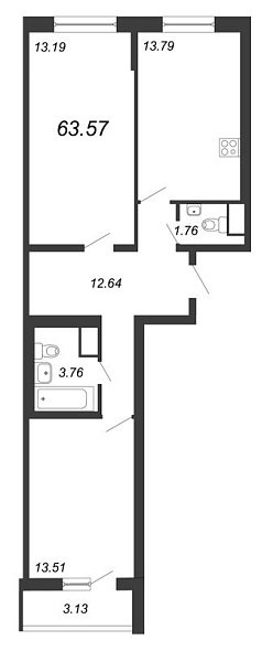 Приморский квартал, III кв. 2022, 2 комнаты, 63.57 м2