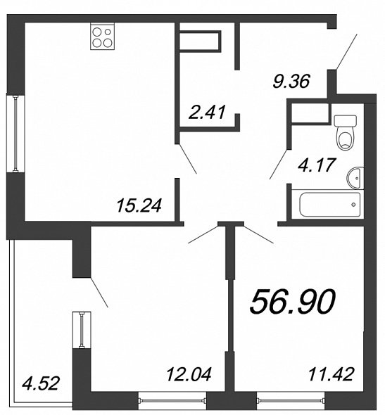 Охта Хаус, I кв. 2021, 2 комнаты, 56.90 м2