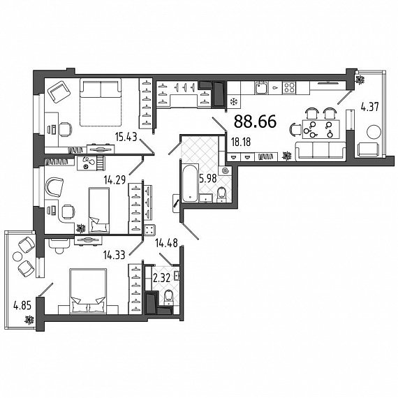 Охта Хаус, I кв. 2021, 3 комнаты, 88.66 м2