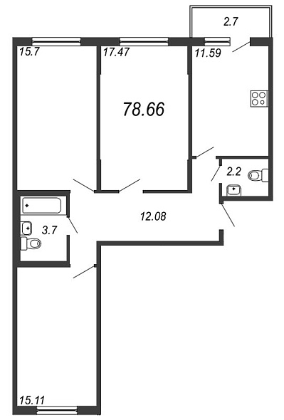 Новое Сертолово, IV кв. 2021, 3 комнаты, 78.66 м2