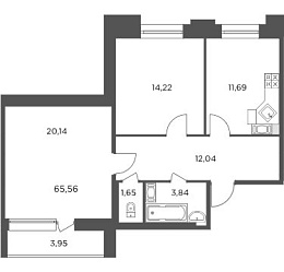 Новый Лесснер, IV кв. 2021, 2 комнаты, 65.56 м2