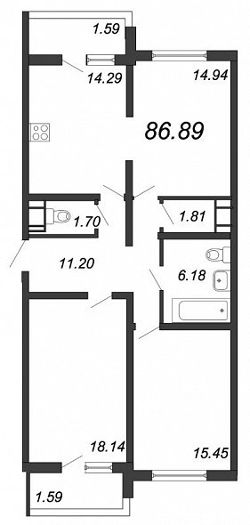 Шуваловский, IV кв. 2020, 3 комнаты, 86.89 м2