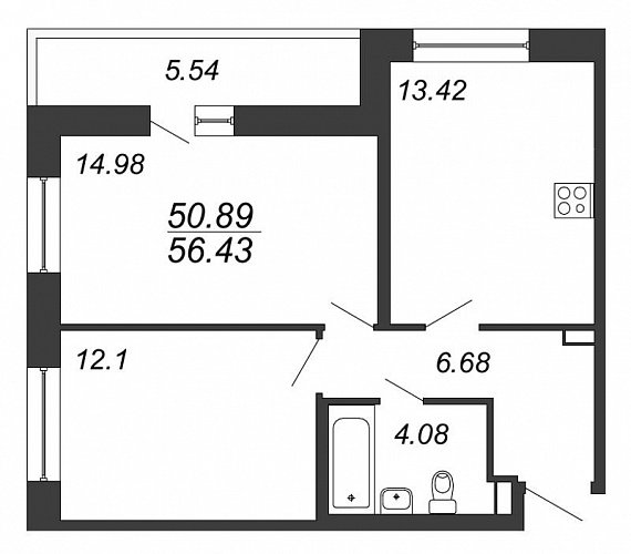 Полюстрово, IV кв. 2020, 2 комнаты, 50.89 м2