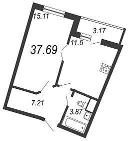 Приморский квартал, III кв. 2022, 1 комната, 37.69 м2