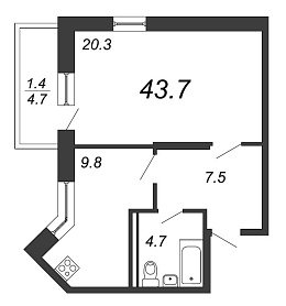 Жемчужный Каскад, IV кв. 2021, 1 комната, 43.70 м2
