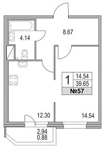 Приморский квартал, II кв. 2021, 1 комната, 39.65 м2