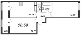 Terra, III кв. 2021, 2 комнаты, 58.59 м2
