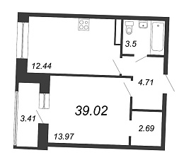 Ariosto, III кв. 2021, 1 комната, 39.02 м2