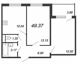 Юттери, III кв. 2021, 2 комнаты, 49.37 м2