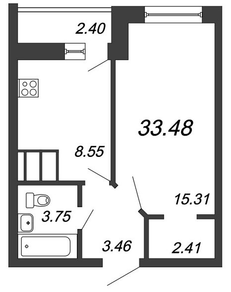 Приневский, IV кв. 2021, 1 комната, 33.48 м2