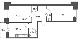 Новый Лесснер, IV кв. 2021, 2 комнаты, 59.07 м2