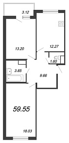 Новый Лесснер, IV кв. 2021, 2 комнаты, 59.55 м2