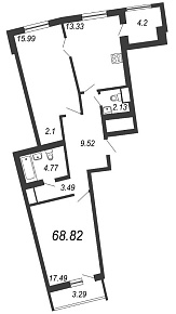 Приморский квартал, III кв. 2022, 2 комнаты, 68.82 м2