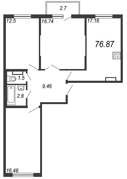 Новое Сертолово, IV кв. 2021, 3 комнаты, 76.87 м2