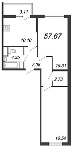 Материк, III кв. 2021, 2 комнаты, 57.67 м2
