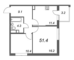 Inkeri, III кв. 2022, 2 комнаты, 51.40 м2