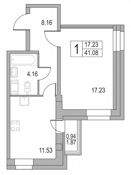 Приморский квартал, II кв. 2021, 1 комната, 41.08 м2