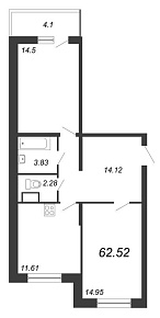 Охта Хаус, I кв. 2021, 2 комнаты, 62.52 м2