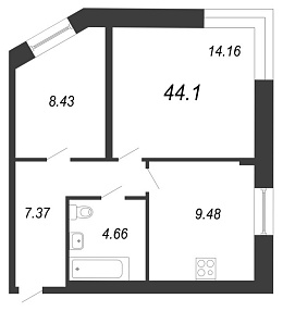 Чистый ручей, IV кв. 2021, 2 комнаты, 44.10 м2