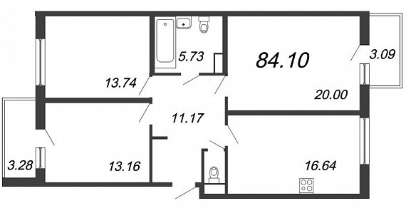 Новый Лесснер, IV кв. 2021, 3 комнаты, 84.10 м2