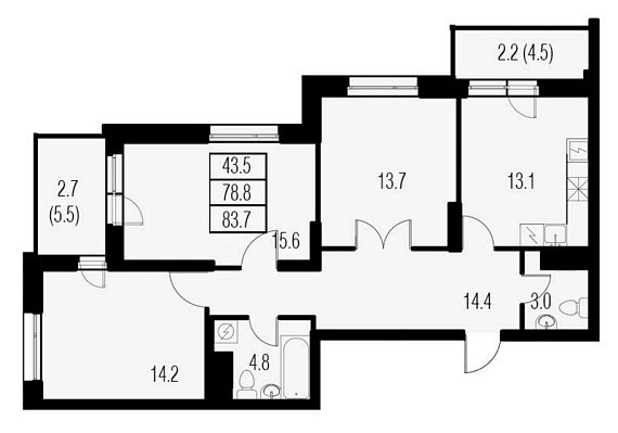 Жемчужный Каскад, IV кв. 2020, 3 комнаты, 83.70 м2