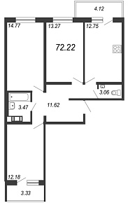 IQ Гатчина, III кв. 2021, 3 комнаты, 72.22 м2